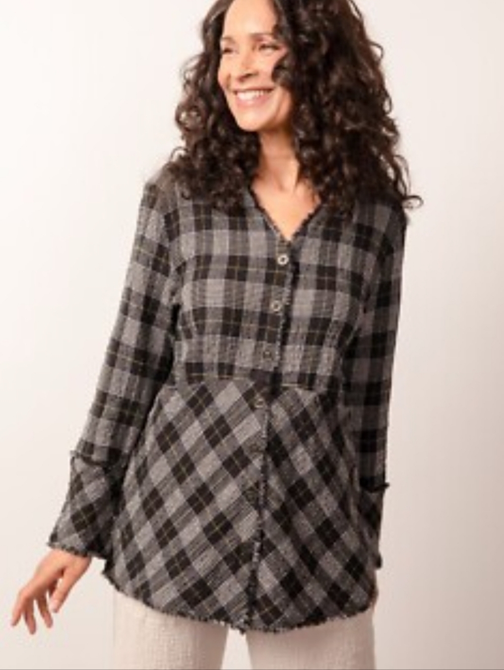 Habitat S Black & White Plaid Button-Front Oversized Tunic Pattern Play